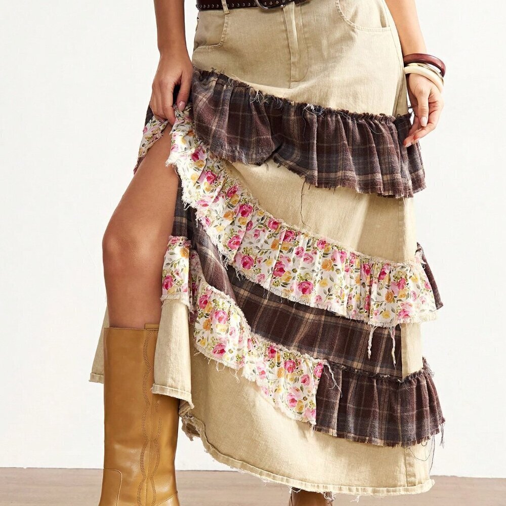 Khaki Boho Women's Country Vacation Casual Woven Patchwork Plaid Split Hem Skirt - Picture 2 of 7